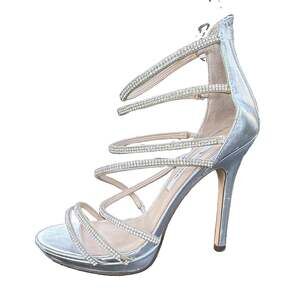 Nina New York Silver Rhinestone Strappy Open Toe Zip Stiletto Heels 8.5M